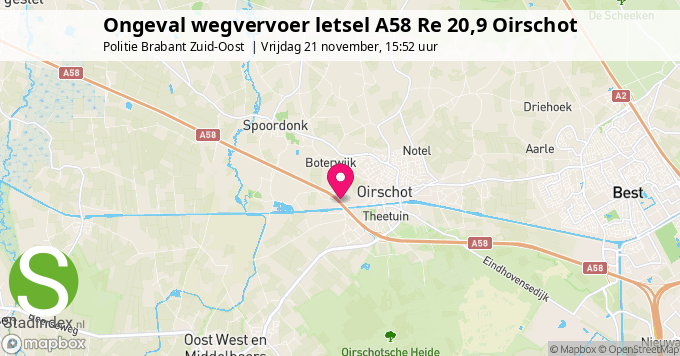 Ongeval wegvervoer letsel A58 Re 20,9 Oirschot