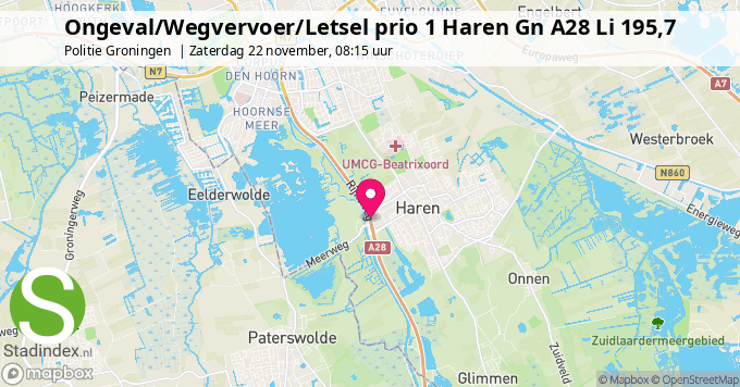 Ongeval/Wegvervoer/Letsel prio 1 Haren Gn A28 Li 195,7