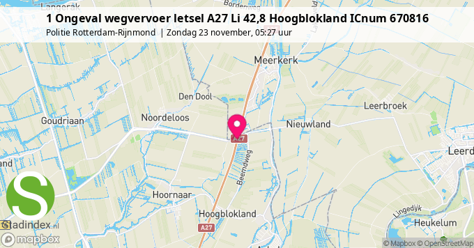1 Ongeval wegvervoer letsel A27 Li 42,8 Hoogblokland ICnum 670816