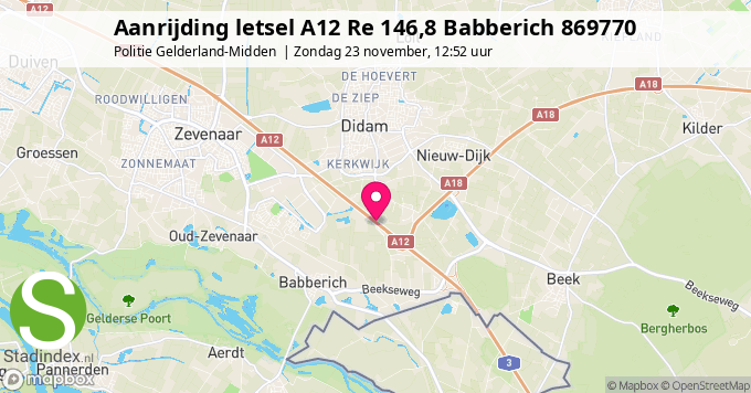 Aanrijding letsel A12 Re 146,8 Babberich 869770