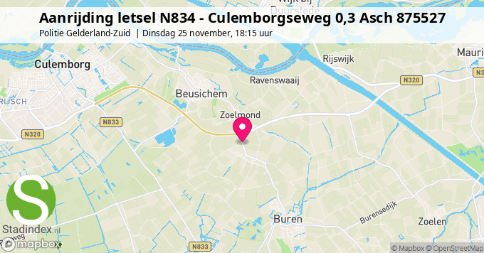 Aanrijding letsel N834 - Culemborgseweg 0,3 Asch 875527