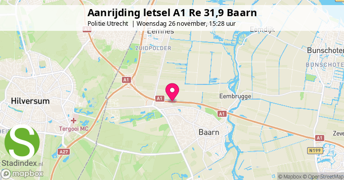 Aanrijding letsel A1 Re 31,9 Baarn