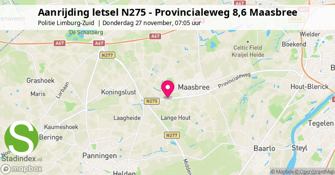 Aanrijding letsel N275 - Provincialeweg 8,6 Maasbree