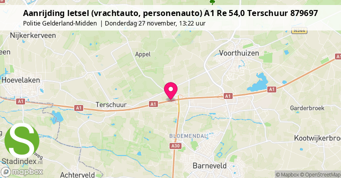 Aanrijding letsel (vrachtauto, personenauto) A1 Re 54,0 Terschuur 879697