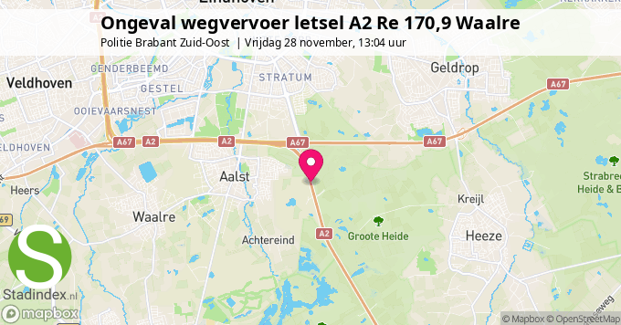 Ongeval wegvervoer letsel A2 Re 170,9 Waalre