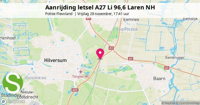 Aanrijding letsel A27 Li 96,6 Laren NH