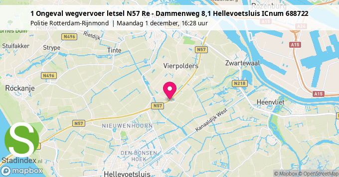 1 Ongeval wegvervoer letsel N57 Re - Dammenweg 8,1 Hellevoetsluis ICnum 688722