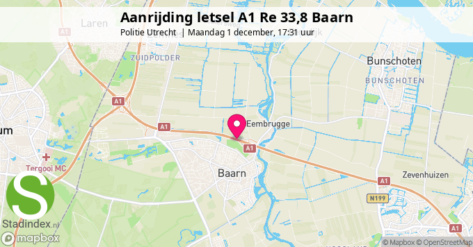 Aanrijding letsel A1 Re 33,8 Baarn