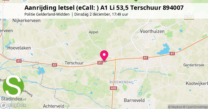 Aanrijding letsel (eCall: ) A1 Li 53,5 Terschuur 894007