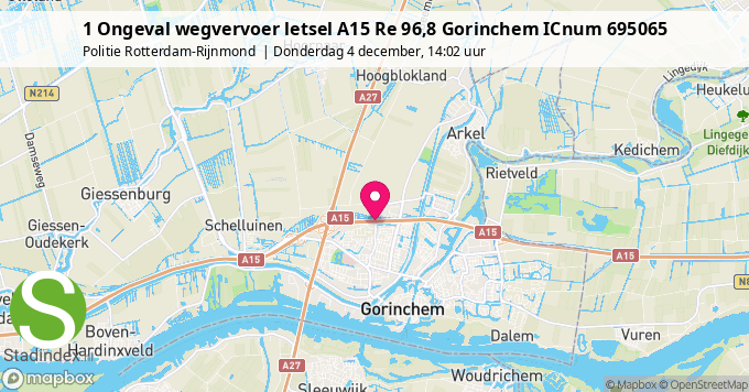 1 Ongeval wegvervoer letsel A15 Re 96,8 Gorinchem ICnum 695065