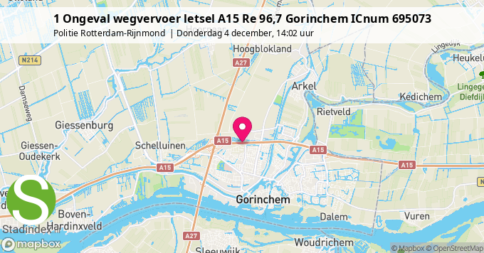 1 Ongeval wegvervoer letsel A15 Re 96,7 Gorinchem ICnum 695073