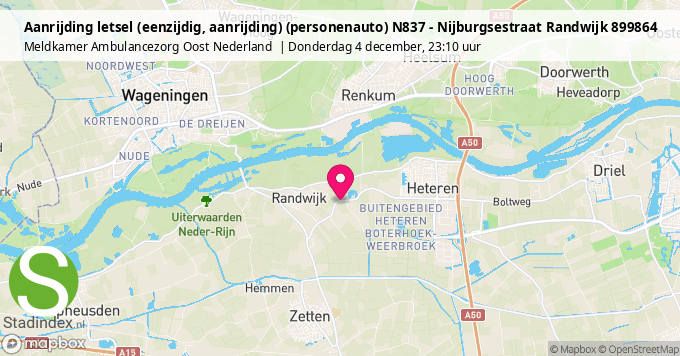 Aanrijding letsel (eenzijdig, aanrijding) (personenauto) N837 - Nijburgsestraat Randwijk 899864