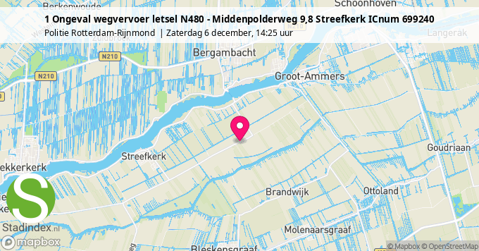 1 Ongeval wegvervoer letsel N480 - Middenpolderweg 9,8 Streefkerk ICnum 699240
