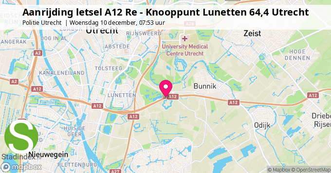 Aanrijding letsel A12 Re - Knooppunt Lunetten 64,4 Utrecht