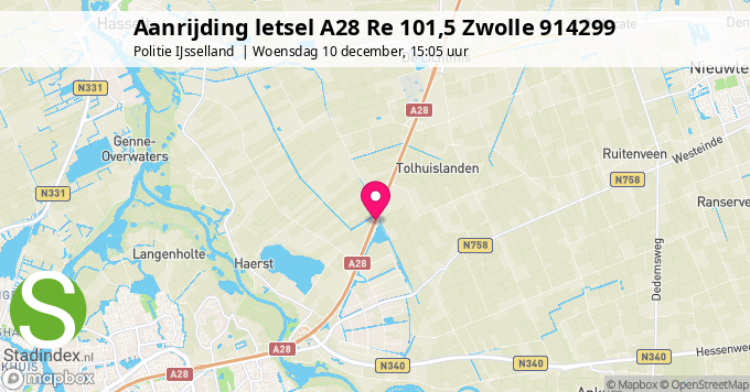 Aanrijding letsel A28 Re 101,5 Zwolle 914299